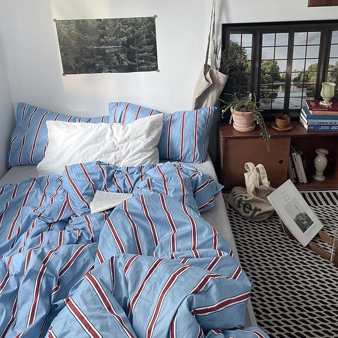 mixinni Vintage Striped Blue Duvet Cover King - 100% Cotton Red Stripes 3-Piece Bedding Duvet Cover Set with Zipper Closure, Soft & Breathable Retro Design for All Seasons (King Size)