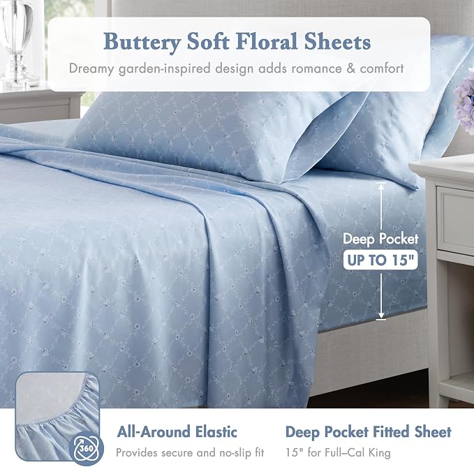 Madison Park Essentials Blue Floral Comforter Set with Sheets Full,7pc | Vintage, Ruffle Bed in a Bag, Reversible, Elegant Bedding Set, All Season, Machine Washable, Wrinkle Resistant, Ultra Soft