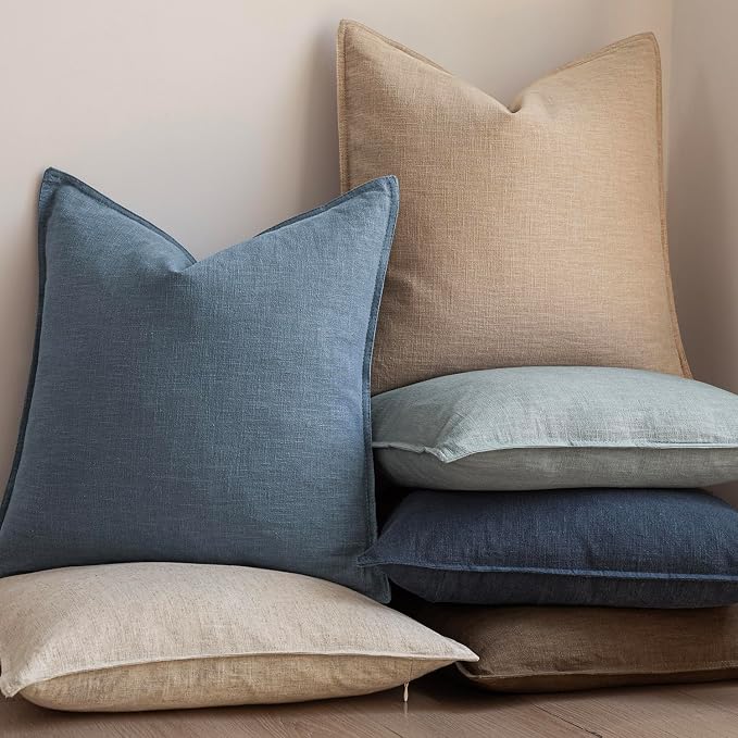 Foindtower Linen Solid Decorative Throw Pillow Covers 16x16 Inch Misty Blue | Pack of 2 Boho Farmhouse Morden Pillowcase,Accent Neutral Cushion Covers,Home Decor for Chair Couch Sofa Bedroom Living Room