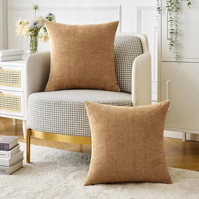 MIULEE Chenille Fall Throw Pillow Covers Apricot Brown 18x18 Pack of 2 | Modern Fall Home Decor, Classic Decorative Pillows, Solid Dyed Cases, Boho Couch Cushion Covers for Sofa Bed Living Room