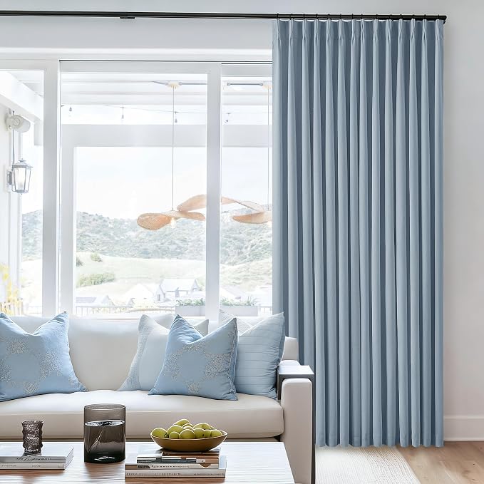 Dusty Blue 100% Blackout Linen 108 Inch Curtains for Bedroom Pinch Pleated | Black Out Drapes Lined 2 Layers, Memory Shape Trained, Noise Reduce, Blue Grey Coastal Modern, for Living Room Bedroom 40x108