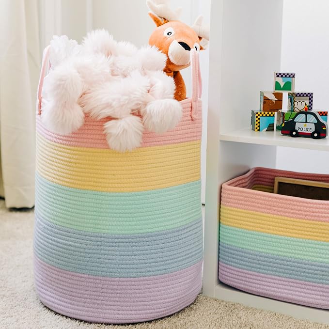 OrganiHaus Rainbow Laundry Basket & Hamper, Nursery Playroom 52L | Rainbow Pastel - Rainbow Cotton Rope Hamper, Nursery 52L