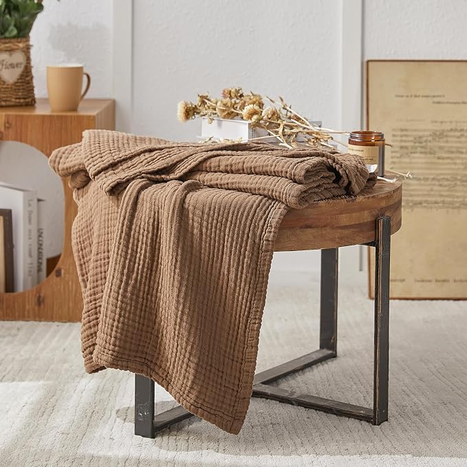 EMME Muslin Blankets for Adults Throw Blanket for Couch Breathable Gauze Soft Lightweight Airy Brown Queen 90" x 90"