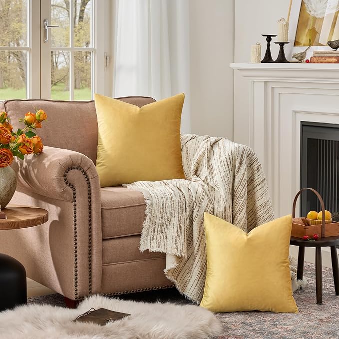 GIGIZAZA Yellow Velvet Pillow Covers 24x24 Decorative Pillows Pack of 2 | Throw Pillows for Couch Sofa,280gsm Soft Textured Fabric,Modern Square Pillowcases,Luxury Cushion Covers