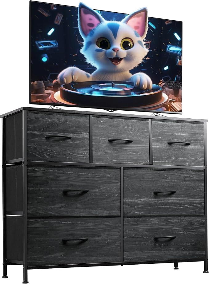 WLIVE Dresser for Bedroom, 7 Drawers, TV Stand, Black Wood Grain | 7 roomy fabric drawers, Fits TVs up to 45 inch, Bedroom or living room, Wide storage design, Chest of drawers