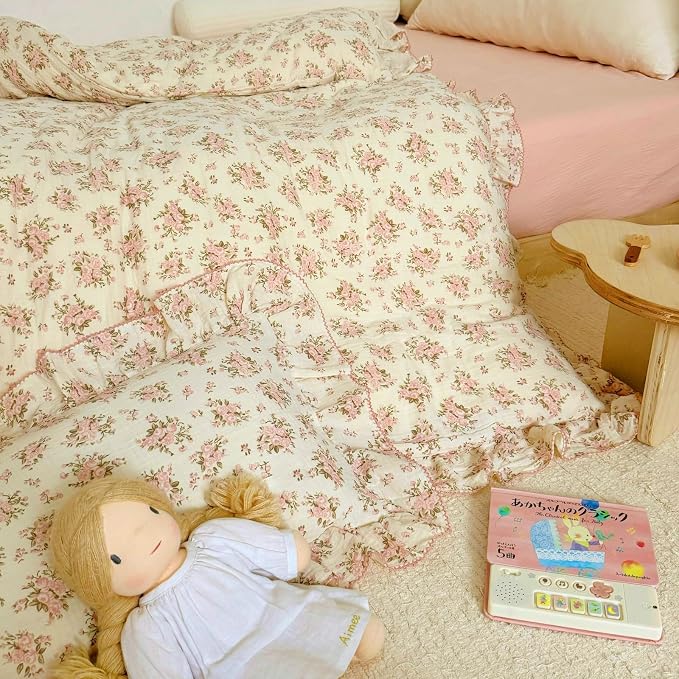 Girls Toddler Kids Duvet Cover Pink Floral Chic Duvet Covers with Ruffles Muslin Cotton Soft Comforter Cover, 47"x59", Soft Lightweight, Machine Wash, No Pillowcases/Comforter