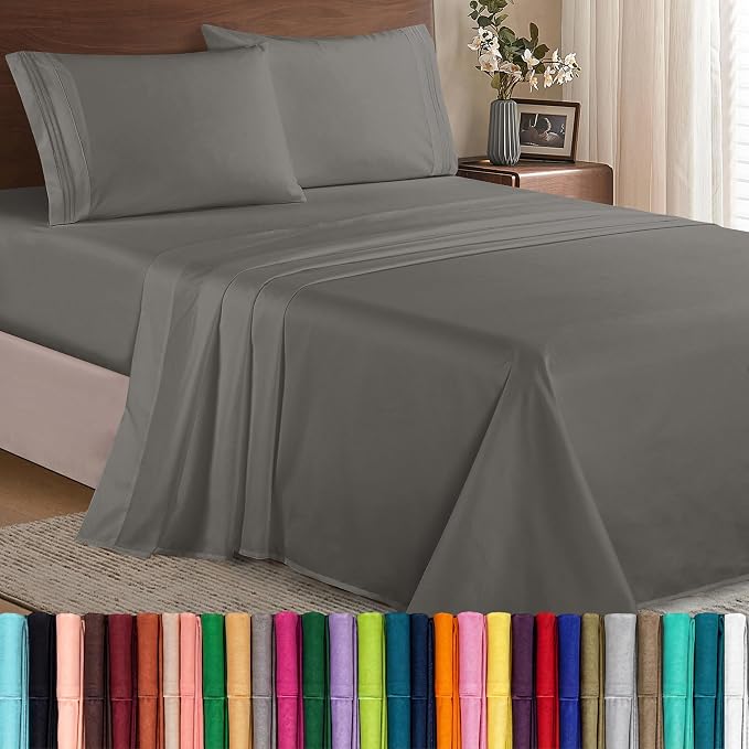 Elegant Comfort Luxury 1500 Premium Hotel Quality Microfiber 4-Piece Sheet Set - Wrinkle Resistant, All Around Elastic Fitted Sheet, Deep Pocket up to 16", Twin/Twin XL, Grey