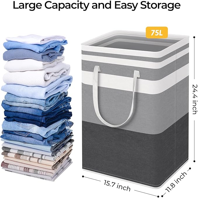 HomeHacks 2 Pack Laundry Baskets, Laundry Hampers Bags (Grey+Blue 75L) | Waterproof, Freestanding, Collapsible Clothes Hamper with Reinforced Handles in Laundry Room, Dorm, Bathroom, Bedroom