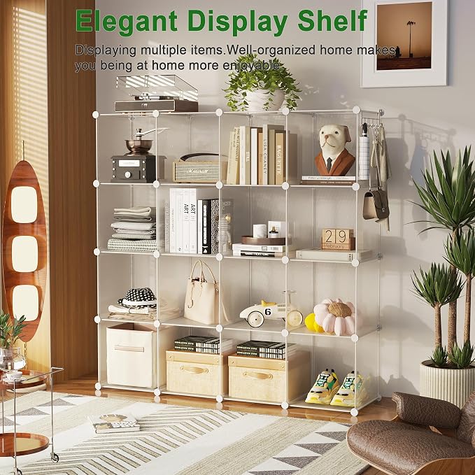 C&AHOME 16 Cube Storage Organizer Cube Shelves Units Storage Cubes, Twill | Plastic DIY Closet Organizer, Stackble Modular Closet Storage Shelves Ideal for Home, Bedroom, 48.4" L × 12.4" W × 48.4" H