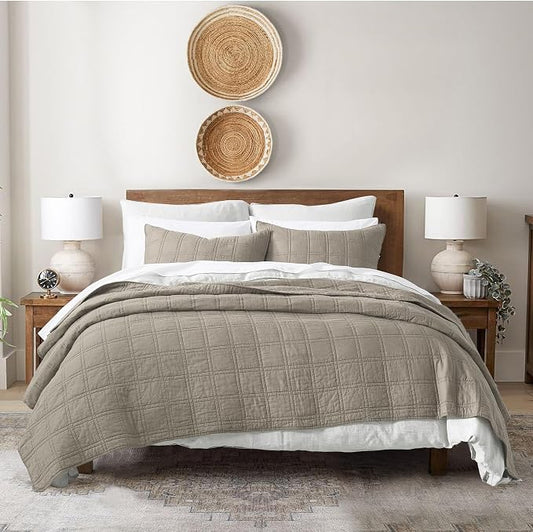 HORIMOTE HOME 100% Cotton Quilt Set King Size, Taupe Pre-Washed Bedspreads Coverlet Set in Geometric Pattern, Cozy Lightweight Stitching Decorative Bedding Cover with 2 Shams for All Season