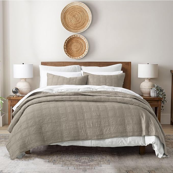 HORIMOTE HOME 100% Cotton Quilt Set Queen Size, Taupe Pre-Washed Bedspreads Coverlet Set in Geometric Pattern, Cozy Lightweight Stitching Decorative Bedding Cover with 2 Shams for All Season