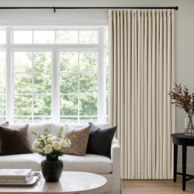 Oatmeal Beige Extra Wide Blackout 60 x 90 Inch Pinch Pleat Curtains 1 Panel | 100% Black Out, Room Darkening Sound Dampening, for Sliding Patio Door Large Window Bedroom, Pinch Pleated with Back Tab