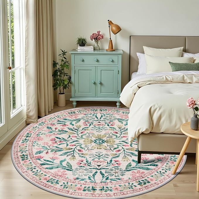 PLHXFR Round Area Rug Living Room: 8 ft Floral Washable Carpet Pink Green | For Bedroom Dining Room Farmhouse Nursery Hallway,Vintage Floral,Machine washable,Non Slip,Stain Resistant,Large Indoor