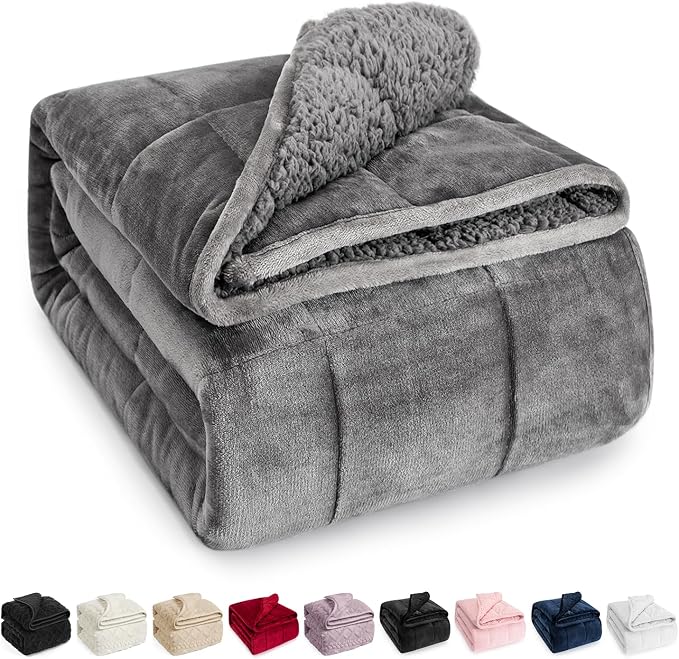 Sherpa Fleece Weighted Blanket for Adult 15 lbs Twin 48"x72" Grey | Better Sleep, Relax Body & Mind, Dual Sided Soft Fuzzy Heavy Throw Blankets, Plush Flannel Top, Chunky Fluffy, Warm Hug