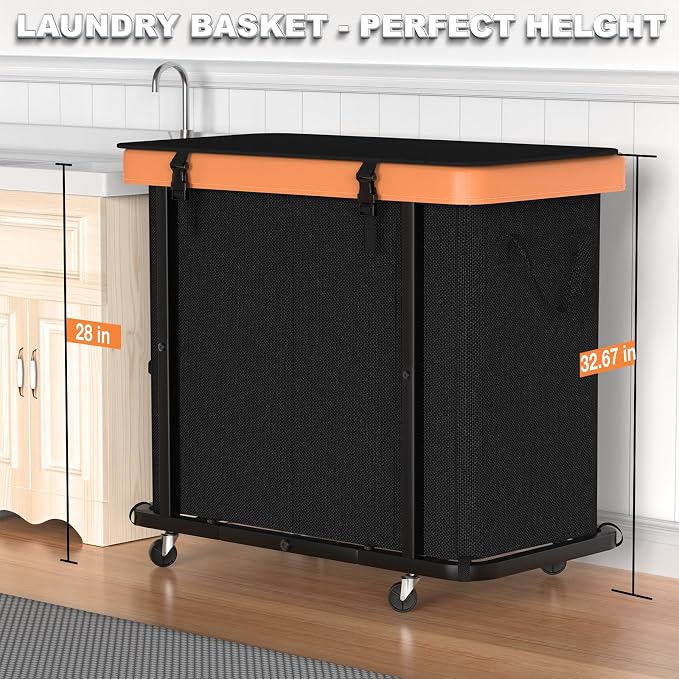 Laundry Basket with Wheels, 230L Leather Patchwork Laundry Sorter 3 Section | Sturdy Metal Frame, Removable Washable Bag, Tall Clothes Sorter for Bedroom - Black