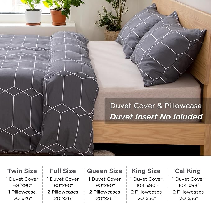 TOCOMOA Plaid Duvet Cover Set 100% Natural Cotton, Grey & White, King | Soft, Comfy & Breathable. Printed Bedding Set with Hidden Zipper & 8 Corner Ties. 3PCs, Comforter Not Included