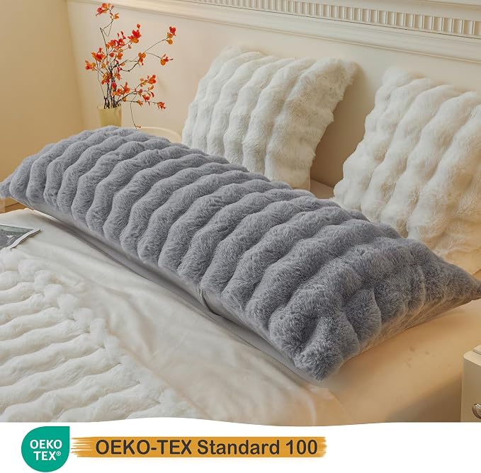LIFEREVO Fluffy Faux Rabbit Fur Body Pillow Cover 20"x54", Light Grey | Soft Cute Bubble Bed Pillowcase with Zipper Closure, Washable Plush Furry Long Pillow Case for Pregnancy Women Side Sleeper