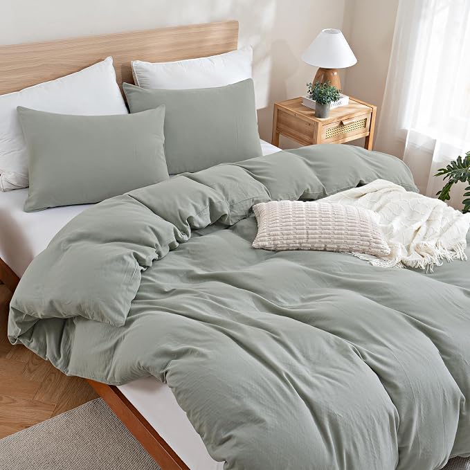 TOCOMOA 100% Muslin Cotton Duvet Cover Set, Sage Green, Queen | Linen-Like Texture. Ultra Soft, Breathable, Comfy & Lightweight Bedding Set with Zipper & 8 Ties. 3 Pcs, No Insert