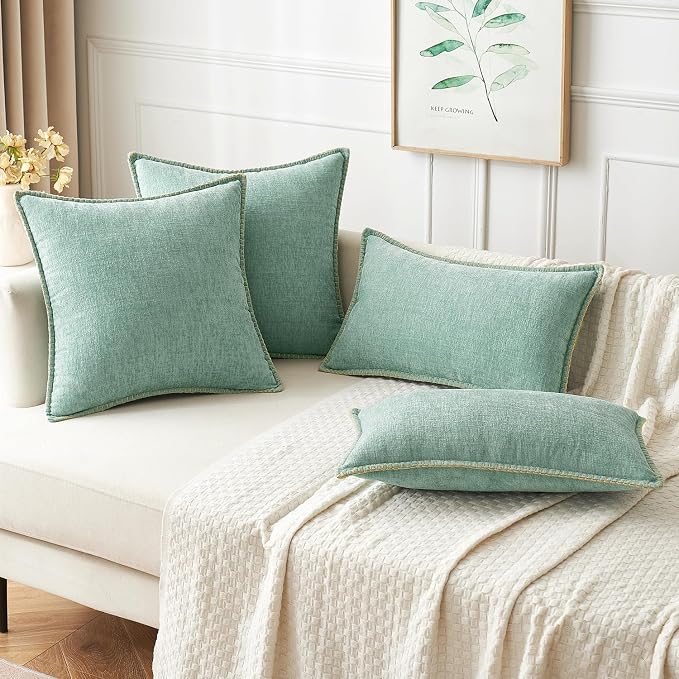 MIULEE Decorative Lumbar Throw Pillow Covers 12x20 Inch Aqua Green 2 Pack | Farmhouse Pillow Covers with Stitched Edge, Soft Chenille Cushion Cases, for Couch Sofa Bed Living Room Home Decor