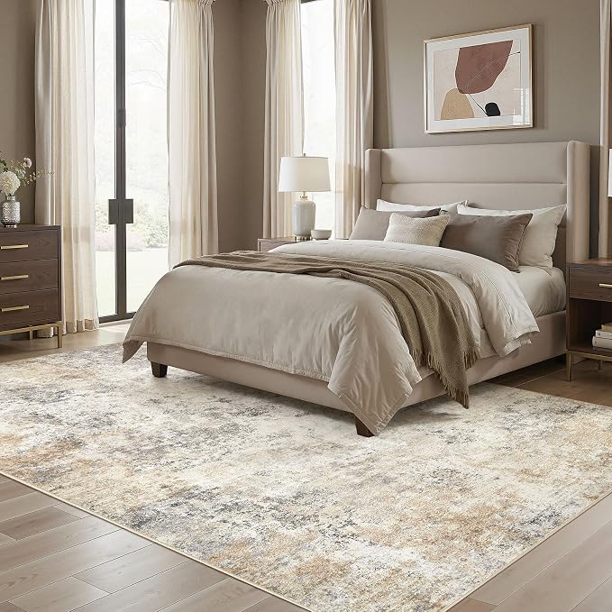 UERMEI 10x14 Washable Area Rug - Neutral Modern Abstract Living Room Rugs, Non-Slip Soft Large Indoor Floor Carpet for Bedroom Home Office & Under Dining Table Decor, Golden Grey