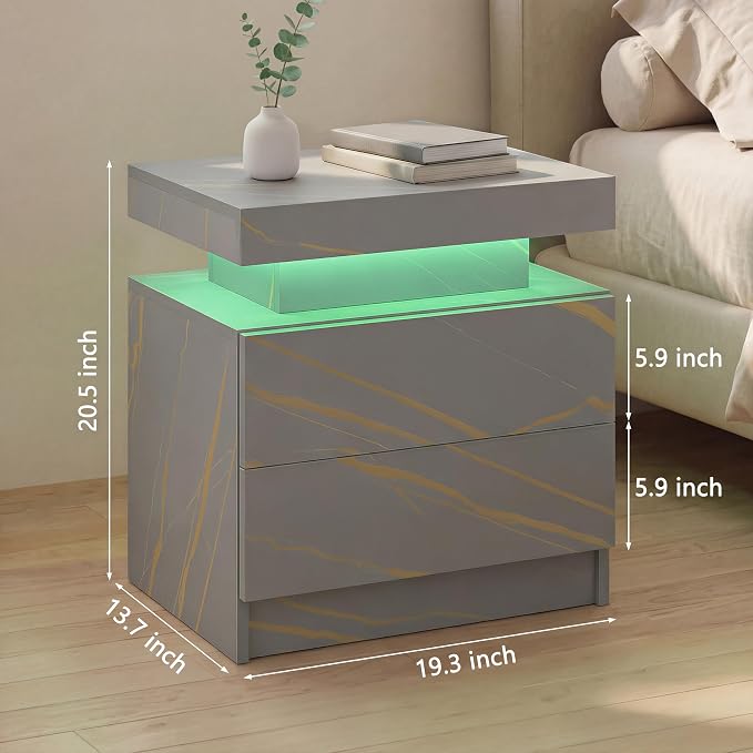 i-aplus Gray Modern LED Nightstand Set of 2 with 2 Wood Drawer for Bedroom | Nightstands with App-Controlled RGB LED Lights, Night Stand with Storgae Drawer, Modern Bedside Table for Bedroom