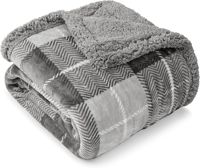 PAVILIA Twin Plaid Sherpa Throw Blanket for Couch Sofa Bed Light Grey 60x80 | GSM 460; Soft Plush Flannel Fleece; Warm&Cozy for Home; Machine Washable, Perfect Cabin Decor Winter Holiday Christmas Gift