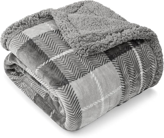 PAVILIA Twin Plaid Sherpa Throw Blanket for Couch Sofa Bed Light Grey 60x80 | GSM 460; Soft Plush Flannel Fleece; Warm&Cozy for Home; Machine Washable, Perfect Cabin Decor Winter Holiday Christmas Gift