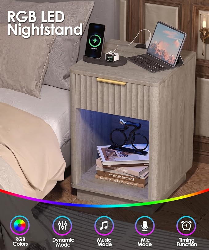 Akxomel Fluted Nightstand Set 2 Bedside Table with Charging Station Greige | Wooden Side Table with LED Light, Modern Mid Century End Table with Drawer, 15" D x 15.7" W x 22.6" H, for Bedroom