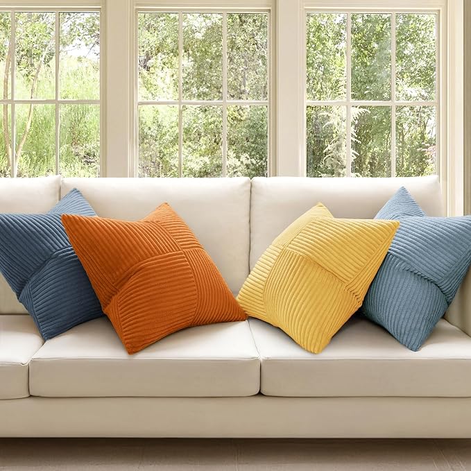 MIULEE Summer Yellow Blue Decorative Throw Pillow Covers 20x20 Inch Set of 4 Soft Corduroy Boho Patchwork Pillow Covers Modern Farmhouse Bright Home Decor for Sofa Living Room Couch Bed