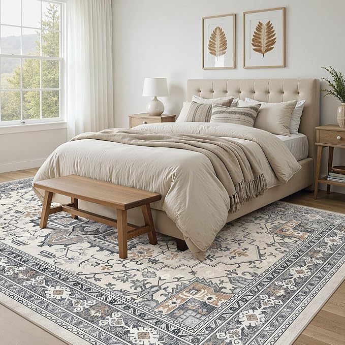 UERMEI 10x12 Area Rug Living Room Rugs - Washable Vintage Soft Large Rug Indoor Floor No Slip Rug Carpet for Bedroom Farmhouse Under Dining Table Home Office Decor - Grey-Orange
