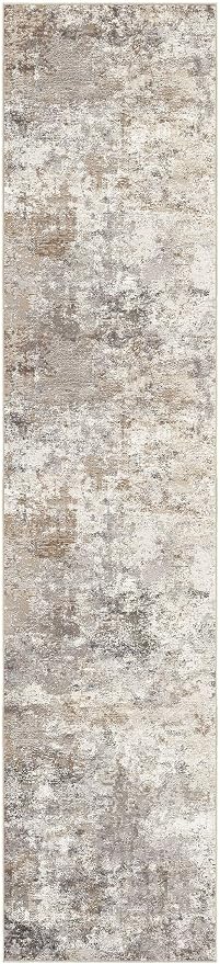 UERMEI 2x10 Washable Runner Rug for Hallway, Non Slip Low Pile Kitchen Carpet, Neutral Modern Abstract Indoor Floor Mat for Entryway Laundry, Kid & Pet Safe High Traffic Area, Brown Grey