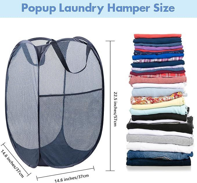 Pop Up Laundry Hamper, 70 L Collapsible Mesh Basket with Side Pocket, Blue | Reinforced handles, breathable fabric, foldable, portable for dorm college travel camping cruise, dirty clothes, toys storage