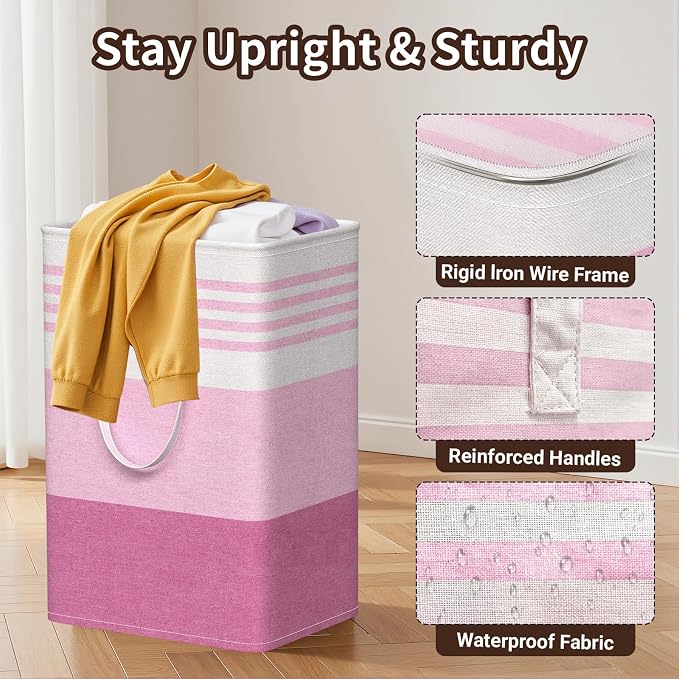 WOWBOX 2 Pack Laundry Baskets, Collapsible Dirty Clothes Laundry Hampers | with Reinforced Handles, Waterproof Coating, 2 Pack for Clean & Dirty Clothes, for Bedroom, Bathroom, Dorm (75L Pink)