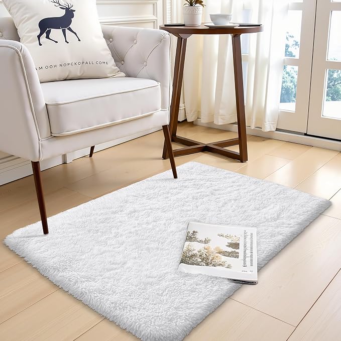 OLANLY 2x3 Machine Washable Small Bedside Rug, Soft Fluffy Shaggy Entryway Throw Rugs for Bedroom, Living Room, Indoor Floor Carpet for Kids Girls and Boys, Nursery Rooms, Home Decor Aesthetic, White
