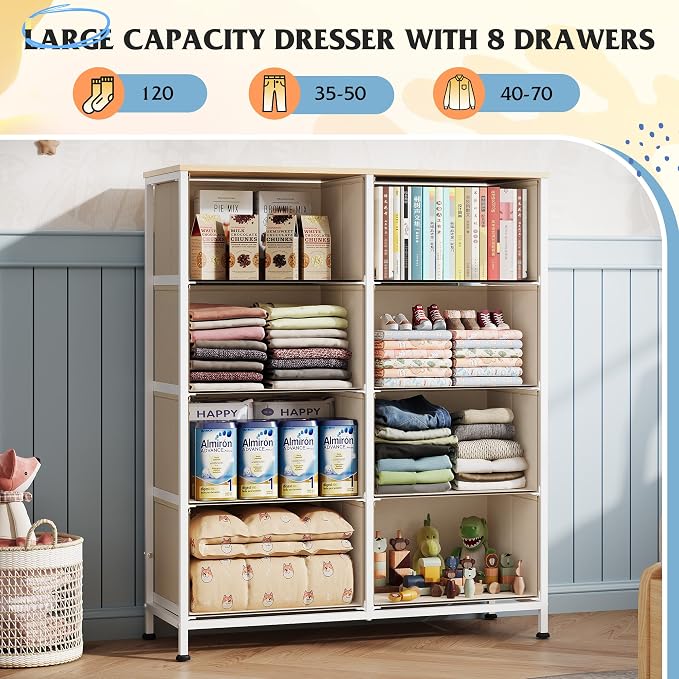 WLIVE Fabric Dresser for Bedroom, Tall Dresser with 8 Drawers, Storage Tower with Fabric Bins, Double Dresser, Chest of Drawers for Closet, Playroom, Dormitory, Cream White