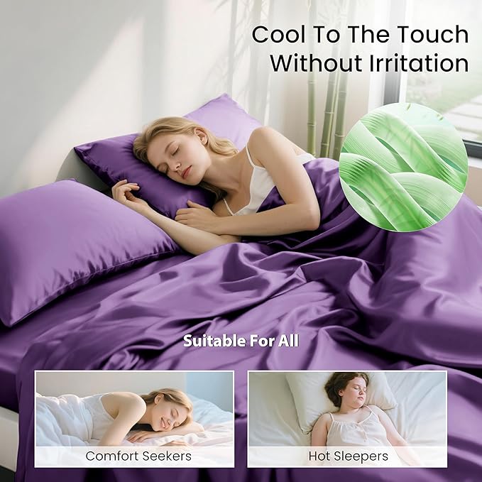 Love's cabin 3 Piece Twin Sheet Set, 100% Rayon Derived from Bamboo, Cooling & Breathable, Soft Silky Deep Pocket up to 16", Hotel Luxury Bedding for Hot Sleepers, Purple