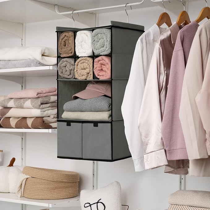 GRANNY SAYS 4-Shelf Hanging Closet Organizer with Drawer, Foldable Storage | Dividers Closet Hanging Organizer, No-Sag Support, Keeps Clothes Neat, Folds Flat, Fits RV, Dorm & Small Closets, Grey