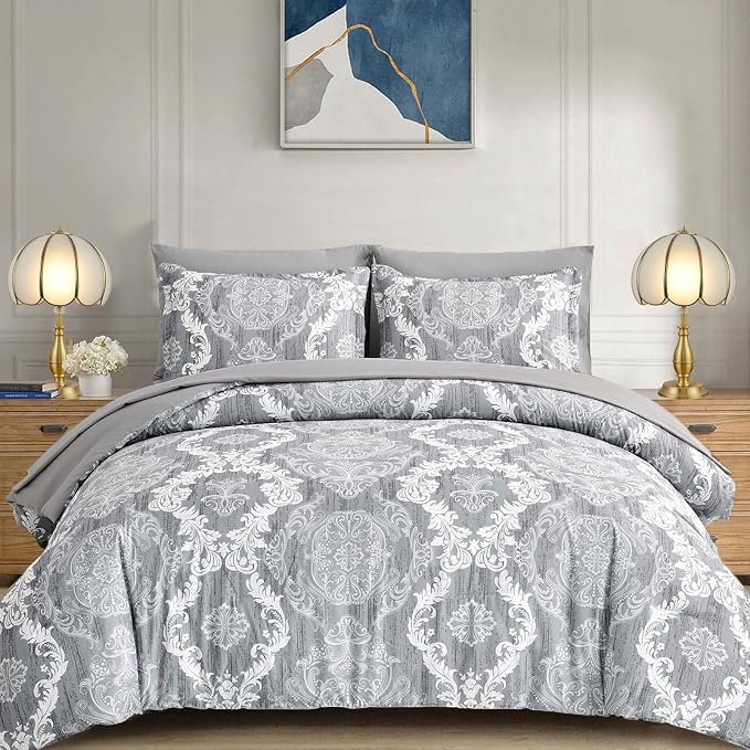 WONGS BEDDING Grey Comforter Set King Size Damask Texture 7 Pieces Gray Bed in a Bag Soft Microfiber Boho Comforter Bedding Sheet Set Comforter Flat Sheet Fitted Sheet Pillow Shams Pillowcases
