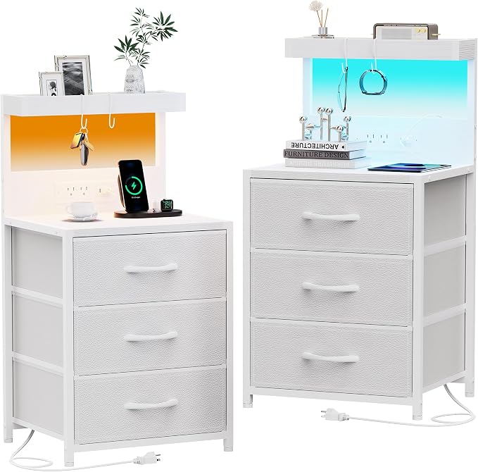 LED Night Stand with Charging Station Set of 2, 3 Fabric Drawer, White | Nightstand Bedside Table with USB Ports and Outlets, End Side Table Night Stand for Bedroom with Storage Shelf and Hooks