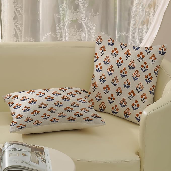 Fall Burnt Orange Blue Pillow Covers 16x16 Inch 2 Pcs Block Print Vintage Floral Decor Throw Pillows Boho Flower Summer Outdoor Seasonal Decoration Pillowcase Linen Cushion Cover for Couch Sofa