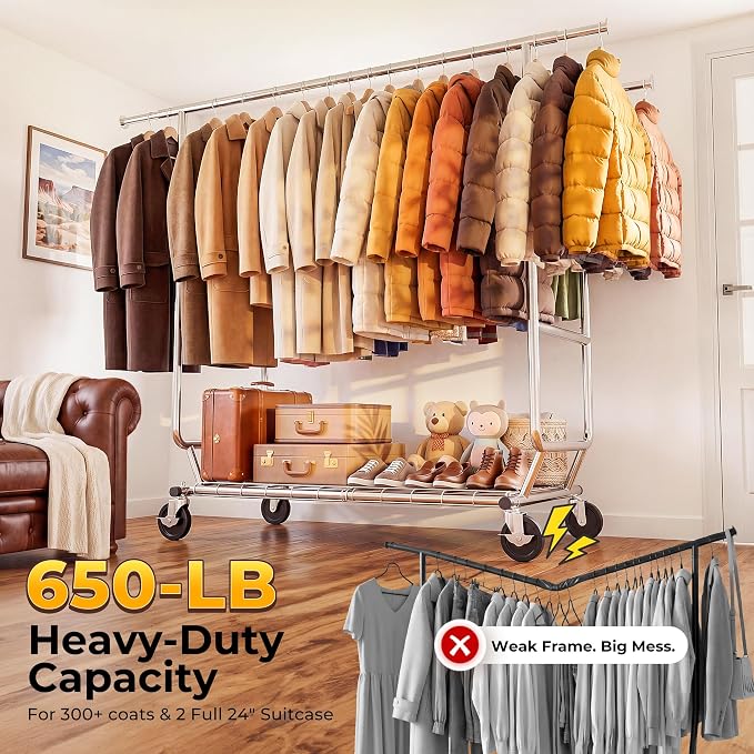 HOKEEPER Clothes Rack Heavy Duty Clothing Rack Load 650 LBS Collapsible | Garment Rack with Wheels Double Rod Clothes Rack for Hanging Clothes Commercial Portable Closet Rack, 2 Packs 22"D*75"W*68"H