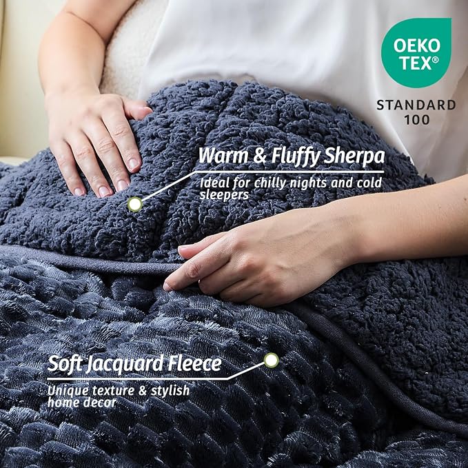 Fleece Weighted Blanket for Adults 60" x 80" 20lbs Fuzzy Blankets Grey-blue | Soft Queen Size Sherpa Weighted Blankets, 3D Imitation Turtle Shell Warm Jacquard Flannel Heavy Blanket for Couch and Bed