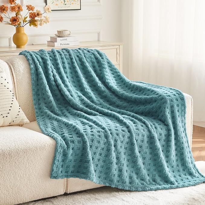 NEWCOSPLAY 3D Waffle Checkered Flannel Queen Blanket, Light Teal, 90"x90" | Super Soft Cute Lightweight Decorative Premium Silky Fleece Blanket for Couch Sofa Bed, Gift for Women Men, All Season Use