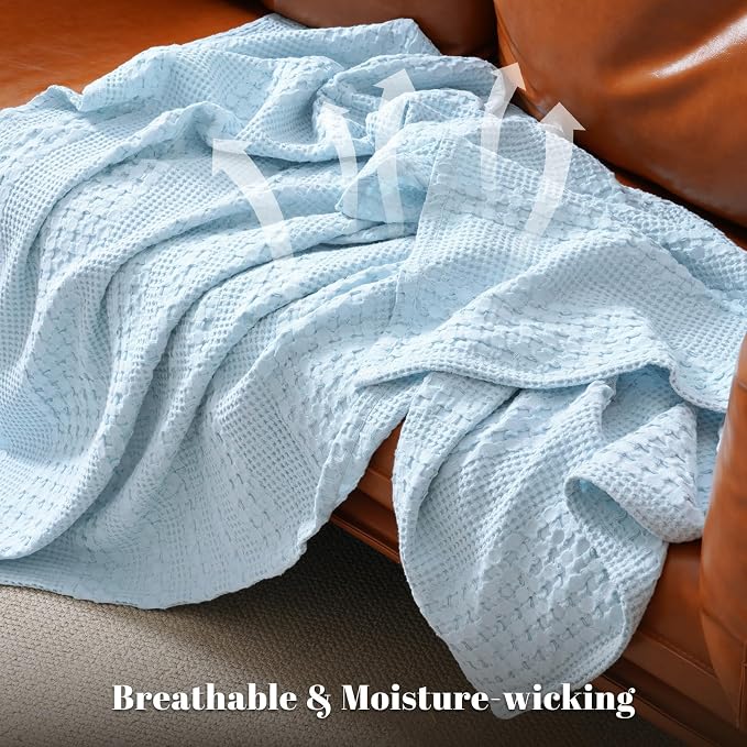 PHF Lightweight 100% Cotton Waffle Throw Blanket for Couch, Baby Blue | Pre-Washed Soft Cotton Comfort, Breathable Layering Warmth for Fall & Winter, Office, Travel, Sofa, Home Decor & Gifts