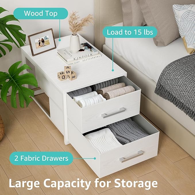 BOLUO Stackable Storage Drawers Narrow Closet Organizers and Storage Fabric White 2 Drawer Dresser for Bedroom 2 Packs Modern