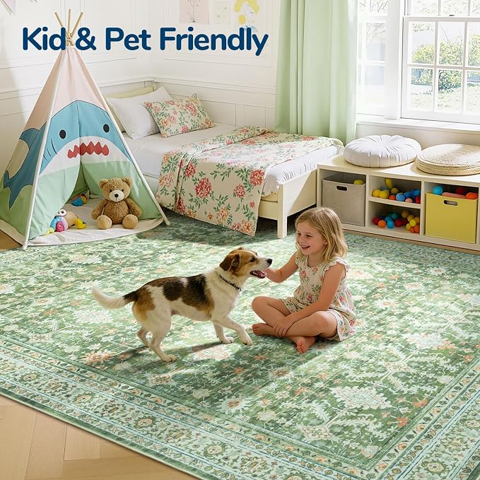 Area Rugs 8 x 10 for Living Room,Large Washable Carpet Light Green | Durable Stain Resistant,Kid Pet Friendly,Compatible with All Vacuums,0.25inch Low Pile for Bedroom Dining Room Home Office