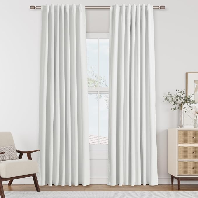 White 100% Blackout Linen Curtains 80 Inch Length 2 Panels Set for Living Room Bedroom Back Tab Thermal Insulated Black Out Linen Drapes 80 Inches Long