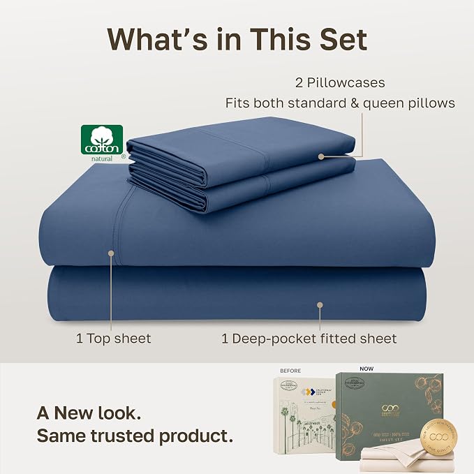 California Design Den Luxury 600 Thread Count Queen Size Bedsheets Set | 100% Cotton Sateen Backed by Good Housekeeping Seal, Soft & Smooth, 16" Deep Pocket, Durable, Easy Care - Dusty Navy Blue