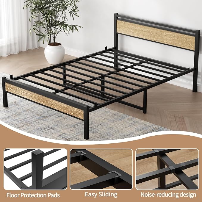 Easy Install 16 Inch Queen Size Bed Frame with Headboard&Footboard | Large Under Bed Storage, No Box Spring Needed, Non-Slip Without Noise, Sturdy Steel Frame, Mattress Foundation, Walnut