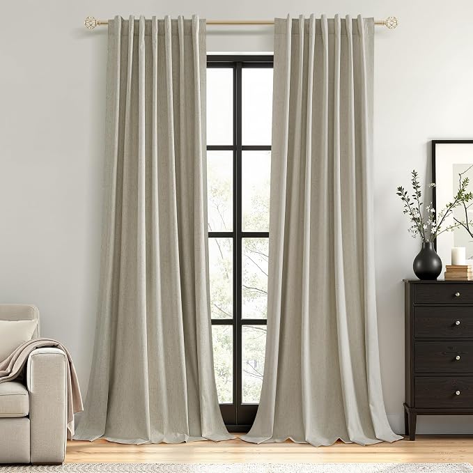 100% Blackout Linen Curtains for Bedroom 90 inches Long, Thermal Insulated Room Darkening Black Out Window Drapes for Living Room, Back Tab Rod Pocket 2 Panels Set,Grey Flax,52x90